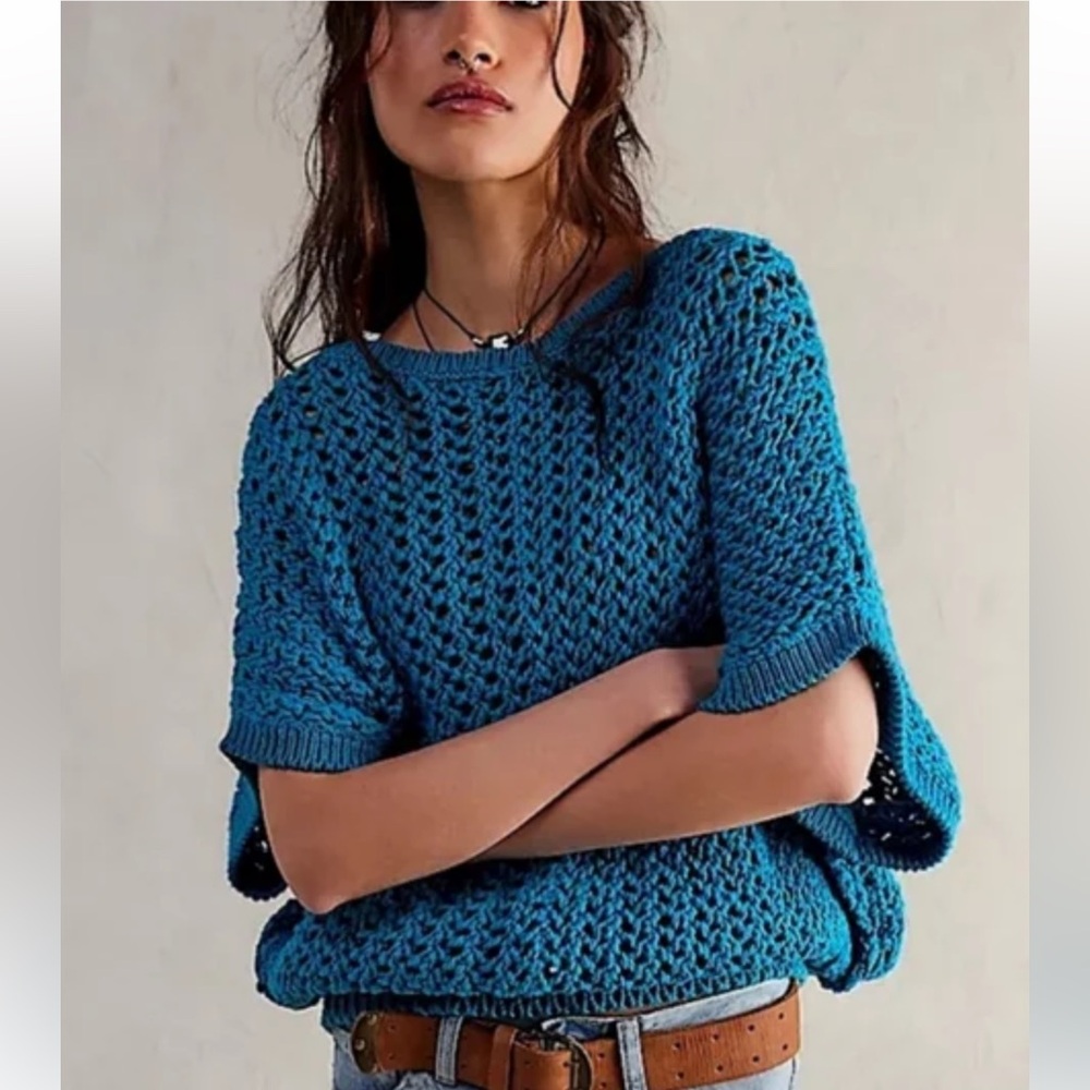 We The Free Teal Open-Knit Off-the-Shoulder Sweater